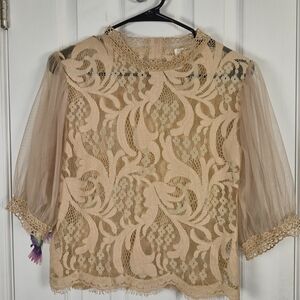 Peach Cream Crochet Lace Mock Neck Puff Sleeve Sheer Blouse Size L